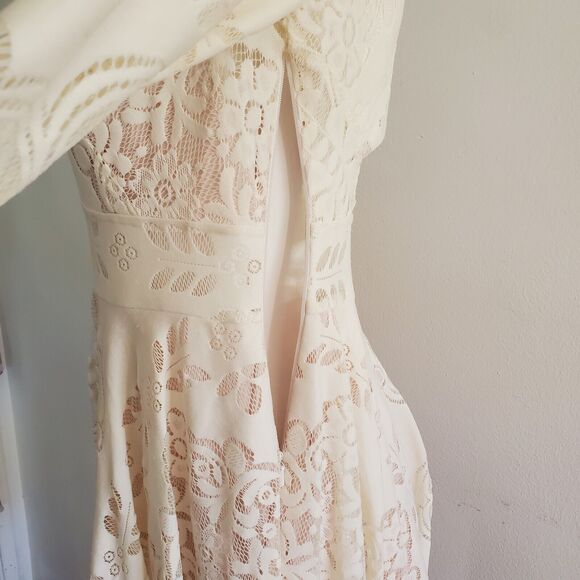 Free People Lovers Folk Song Lace Fit Flare Dress Ivory Bell Sleeve Boho Cottage - Picture 7 of 16